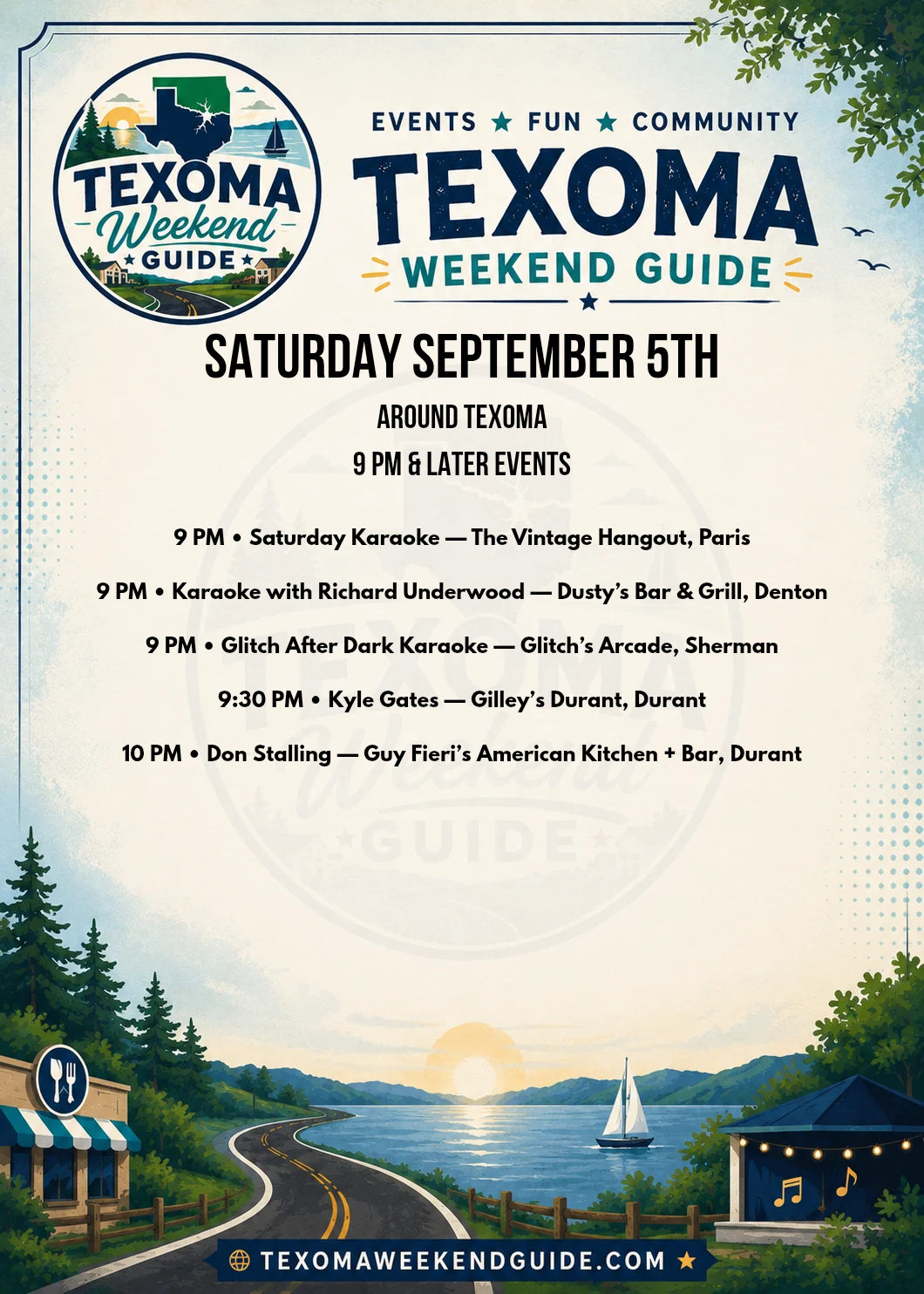 Texoma Weekend Guide Saturday 9 PM and later events for September 5, 2026