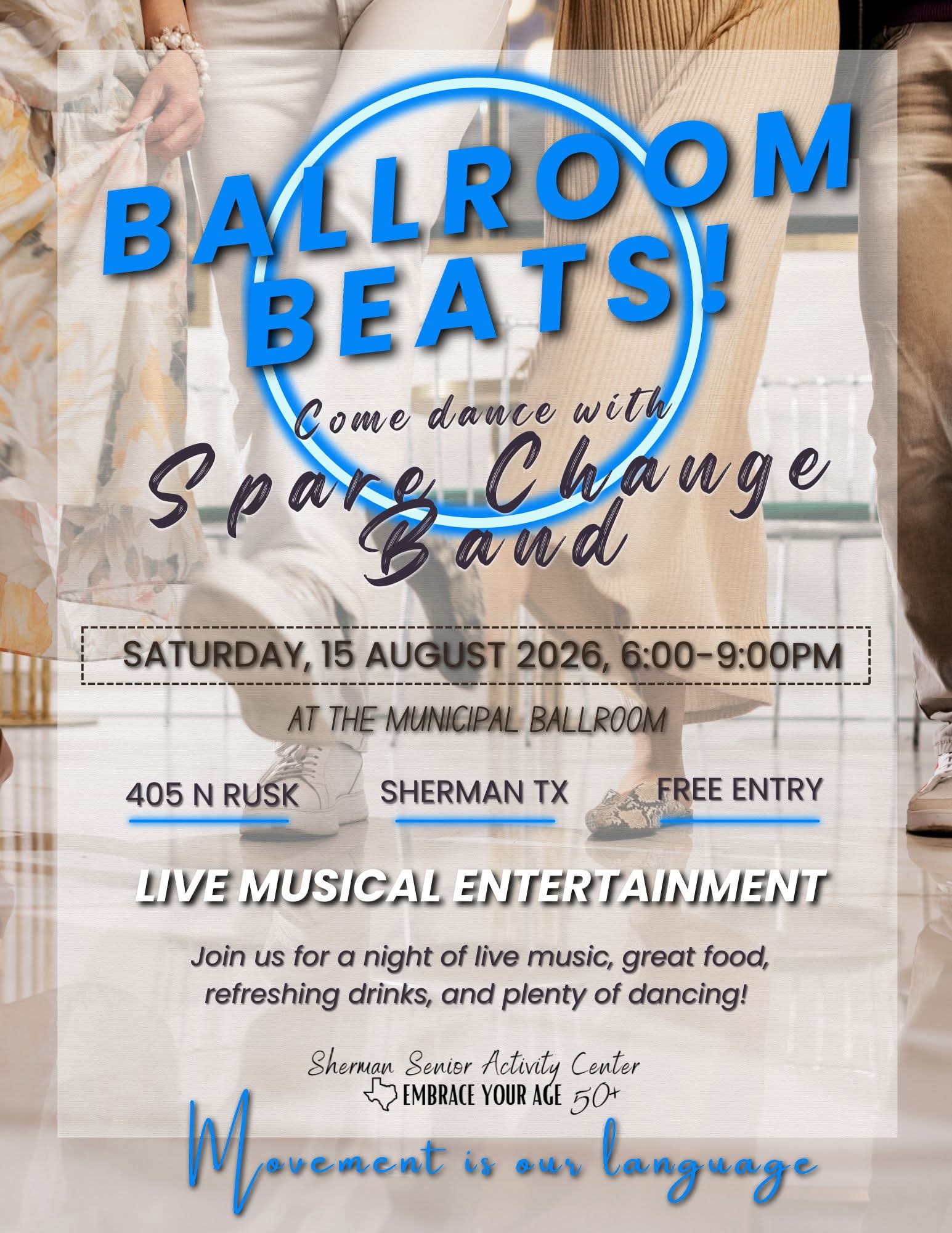 Ballroom Beats promotional flyer featuring the Spare Change Band at Sherman Municipal Ballroom on August 15, 2026