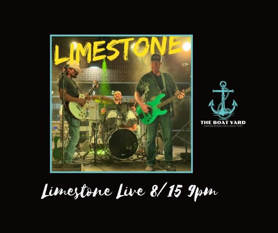 Limestone performing as a three-piece band with guitars and drums, promoting their August 15 live performance at The Boat Yard.