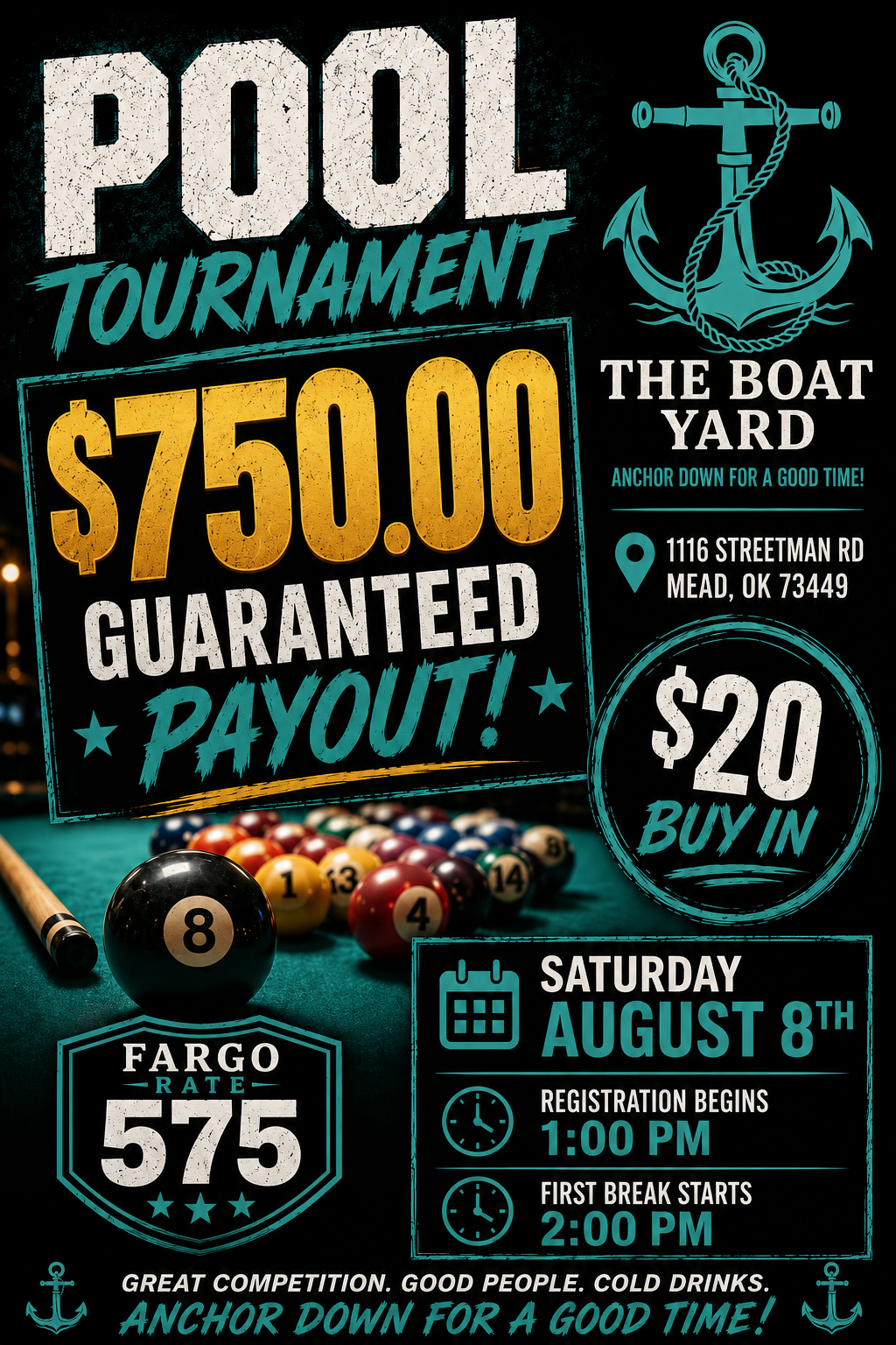 Pool Tournament with $750 Guaranteed Payout flyer
